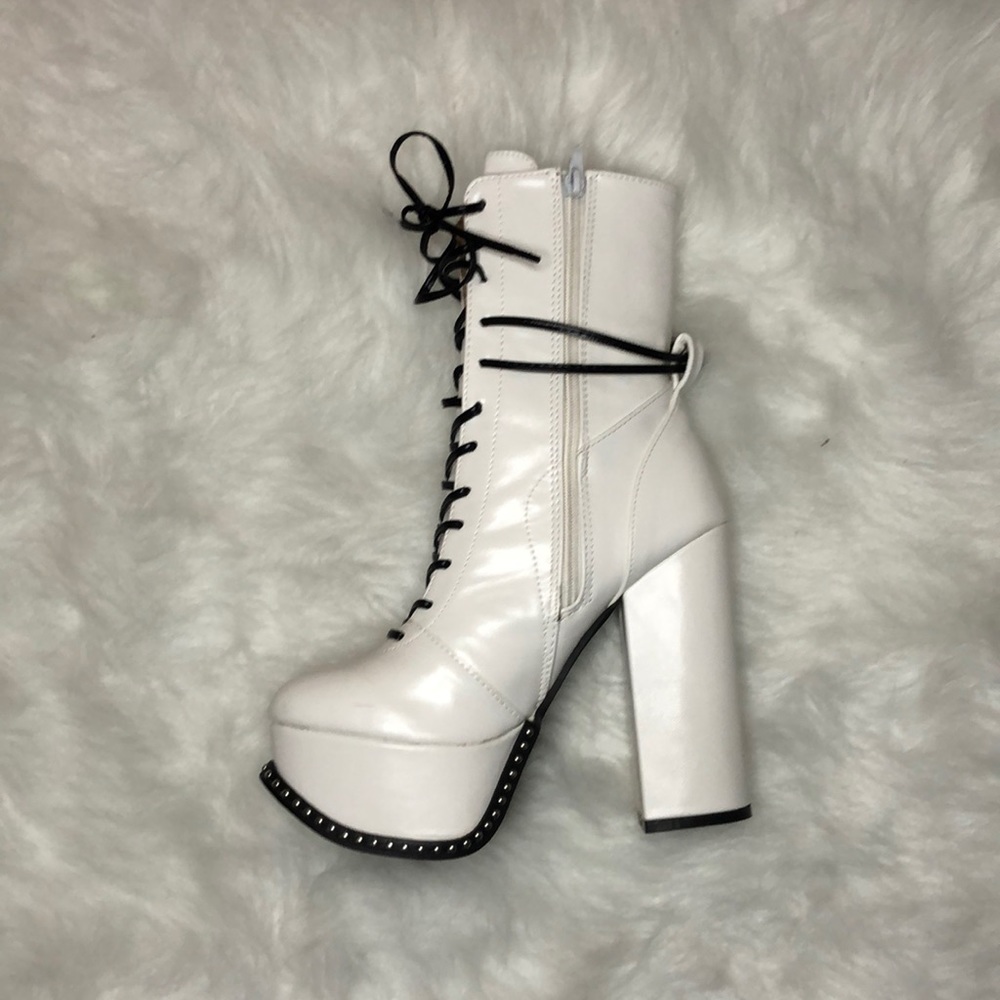 White Platform Rocker Bootie with Black Bottom, Black Laces & Silver Studs